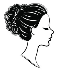 Silhouette of a profile of a sweet lady's head. The girl shows a female hairstyle on medium and long hair. Suitable for logo, advertising. Vector illustration.