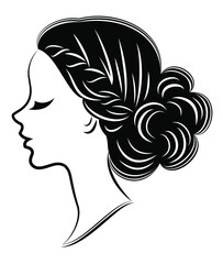 Silhouette of a profile of a sweet lady's head. The girl shows a female hairstyle on medium and long hair. Suitable for logo, advertising. Vector illustration.