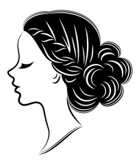 Silhouette of a profile of a sweet lady's head. The girl shows a female hairstyle on medium and long hair. Suitable for logo, advertising. Vector illustration.
