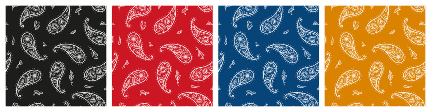 Set of Black, Red, Blue, Yellow Paisley Bandana Ornament Prints. Vintage Oriental Paisley Seamless Pattern with Poppy Flowers. Boho Style Vector Floral Background. Great for Silk Neck Scarf, Headscarf