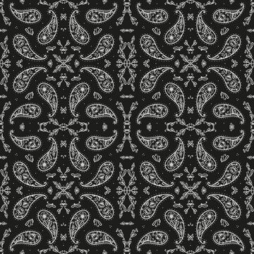Black and White Paisley Bandana Ornament Print. Vintage Oriental Paisley Seamless Pattern with Poppy Flowers. Boho Style Vector Floral Background. Great for Silk Neck Scarf, Headscarf or Kerchief