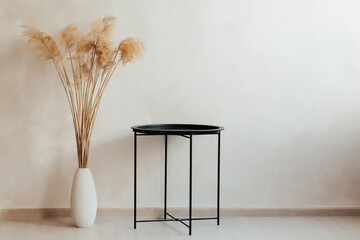 Beige reeds or pampas in white vase standing on the floor near stylish black table. Minimal and...