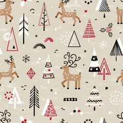 Christmas Seamless Vector Pattern with Doodle Deers and Christmas Trees. Cartoon Cute Reindeer and Winter Forest Background. New Year Holiday Wallpaper, Wrapping Paper