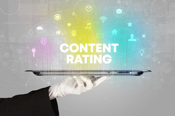 Waiter serving social networking with CONTENT RATING inscription, new media concept
