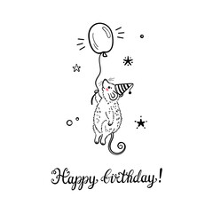 Happy Birthday! Greeting Black and White Card with Flying Cute Mouse or Rat with Balloon. Hand Drawn Cartoon Doodle Little Mice Print for Nursery, Baby Shower and Birthday Design