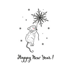 Happy New Year! Greeting Card with Flying Cute Mouse or Rat with Snowflakes. Winter Holiday Background with Hand Drawn Cartoon Doodle Little Mice Print