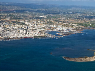 Aerial view of Olhao at the beautiful Algarve coast in Portugal seen on a flight to Faro