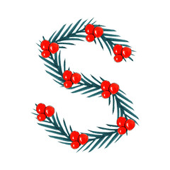 Watercolor Christmas S letter design, Christmas and New Year alphabet for different designs.