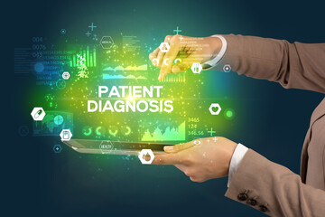 Close-up of a touchscreen with PATIENT DIAGNOSIS inscription, medical concept