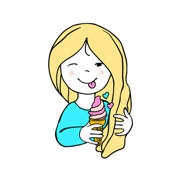 Girl with ice cream. Vector doodle illustration