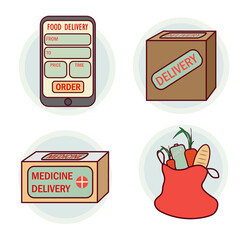 food and medicine delivery, a set of icons for remote services in quarantine. Delivery app, parcel with medicines, bag with food, products.