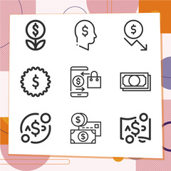 Simple set of 9 icons related to bank note