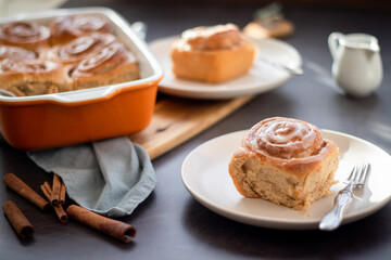 Fresh baked homemade cinnamon rolls with icing, real autumn vibes