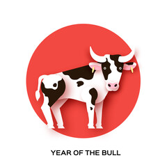 Bull in paper cut style on red background. Farm animals. Cow, ox.