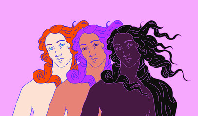 Modern vector line art Illustration or the Venus or Aphrodite Goddess  in doodle sketch style. Diverse women of different ethnicity and appearance. Poster about Feminism and Woman Power issues. © local_doctor