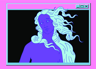 Modern vector line art Illustration of the Venus or Aphrodite Goddess  in doodle sketch style. Vaporwave style collage for poster or cover design.