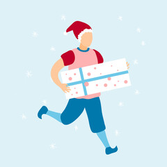 Merry Christmas Elf with gift. Happy New Year. Winter Holidays. Magic time.