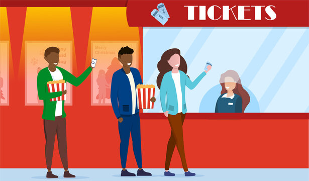 Diverse multiracial people queue up at the cinema box office to buy movie tickets. Flat cartoon vector illustration.