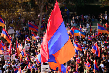 Los Angeles, California, USA - October 2020: Flag of Armenia. Protest and struggle. People of Armenia against the bombing of Artsakh. - obrazy, fototapety, plakaty