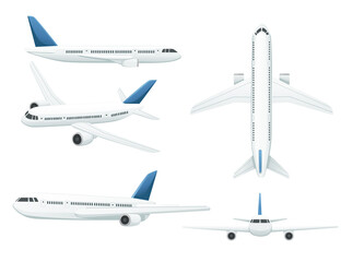 White passenger airplane in profile front and top flat vector illustration on white background