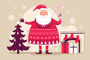 Funny Santa Claus hold Christmas lollipop with Christmas elements background Vector illustration