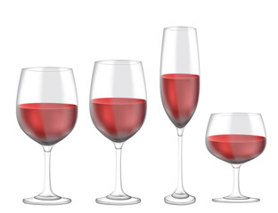 Transparent realistic set of wineglass with red wine vector illustration on white background