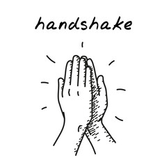 High five handdrawn illustration. Cartoon vector clip art of two hands giving high five for great work. Black and white sketch of people give hand slapping gesture. Concept of teamwork, unity, sport