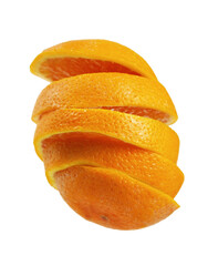 Flyin pieces of a sliced orange isolated on white background