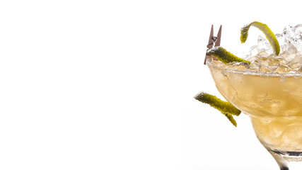 Alcoholic, non-alcoholic yellow cocktail with ice on white background