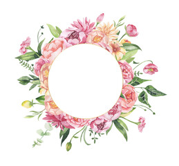 Watercolor floral illustration - leaves and branches frame with flowers and leaves for wedding stationary, greetings, wallpapers, background. Roses, green leaves. High quality illustration