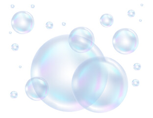 Realistic soap transparent bubbles blue and pink color vector illustration on white background