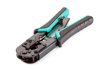 Modular crimper for RJ-45 and RJ-11 isolated on white background. internet or telephone line cables and crimper. Crimping connector RJ45 and LAN cable. Full depth of field. Close-up