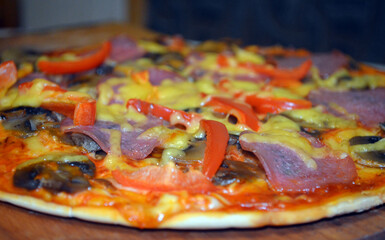 Homemade pizza with tomatoes, sauce, mayonnaise, pepper, cheese, mushrooms.