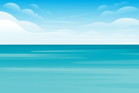 Blue sea or ocean landscape summer day with cloud flat vector illustration