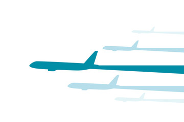 Top view of flying blue silhouettes big white passenger airplanes flat vector illustration
