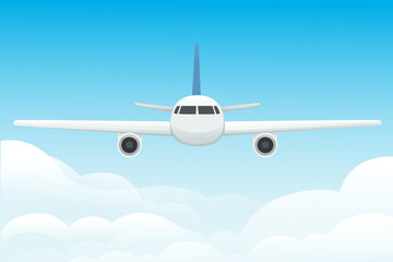 Naklejka premium Big white passenger airplane turbine jet plane in blue sunny sky flat vector illustration