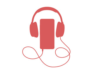 Red silhouette wired old retro style professional headphone connected to smartphone flat vector illustration