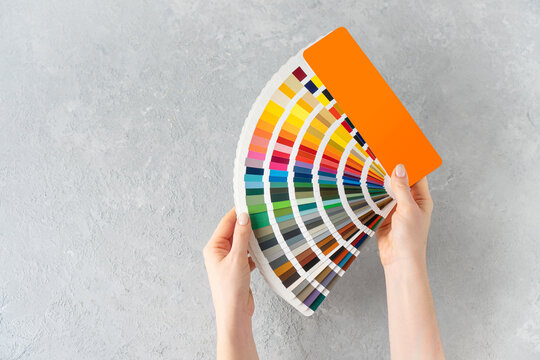 What color to paint the walls concept. Female hands holding a ral colors palette fan on a concrete background. Copy space.