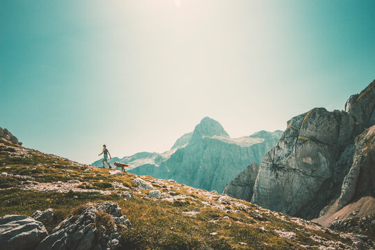 Woman hiking with her dog in mounatin in Julian Alps -  Trekking Discovery Travel Destination Concept