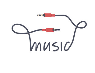 Music label sign with style black and red audio 3.5mm cable jack for audio flat vector illustration