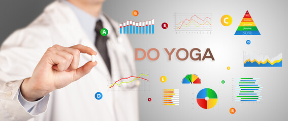 Nutritionist giving you a pill with DO YOGA inscription, healthy lifestyle concept