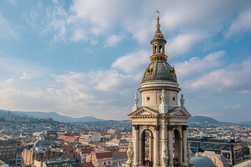 Fototapeta na wymiar Panorama of city and close up of church tower. Budapest, Hungary.