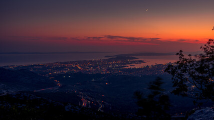 Panorama of city and the surrounding area, a view from Mosor mountain. Night n Split, Croatia.