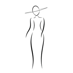 Silhouette of an elegant lady in a long dress and wide-brimmed hat, vector illustration, eps10