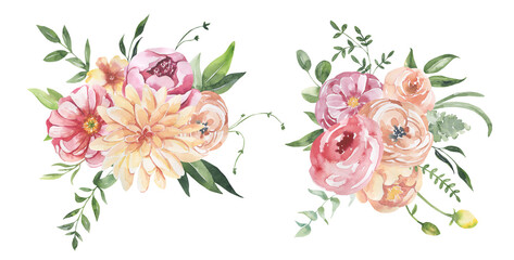 Watercolor floral illustration - leaves and branches frame with flowers and leaves for wedding stationary, greetings, wallpapers, background. Roses, green leaves. High quality illustration