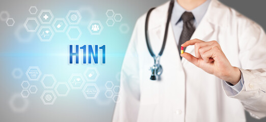 Close-up of a doctor giving you a pill with H1N1 inscription, medical concept