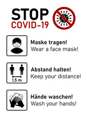 Stop Covid-19 Icons in German and English including Maske tragen (Wear a Face Mask), Abstand halten (Keep Your Distance) 1,5 m and Hande waschen (Wash your hands). Vector Image.