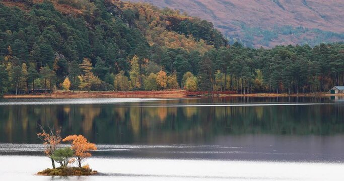 loch clair, torridon, reflection of the surrounding pine trees in autumn foliage.