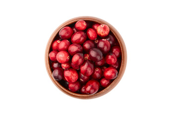 Cranberries in wooden bowl isolated on white