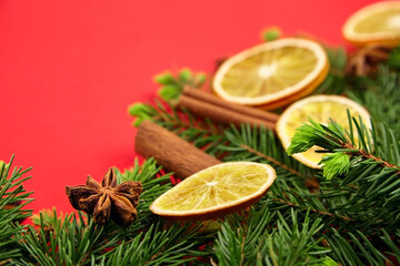 Obraz na płótnie Canvas Dry orange slices with christmas tree branches, cinnamon and anise spices